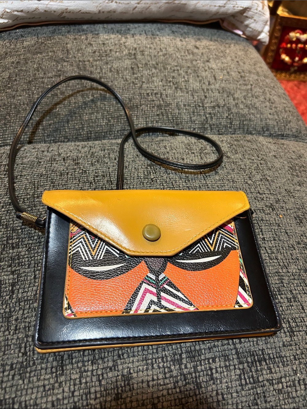 Color-Block Black Crossbody Bag with Mustard Flap and Orange Patterned Pocket